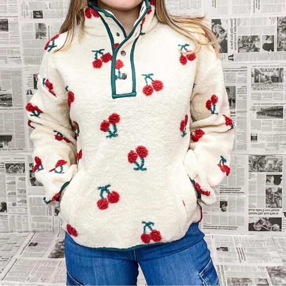 Cherry Patterned Cream fleece quarter zip sweatshirt Sweater - Picture 1 of 13